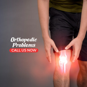 Image depicting knee pain and orthopedic problems with a glowing knee joint and text 'Orthopedic Problems Call Us Now'