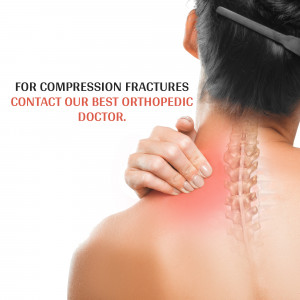 Woman holding her shoulder with a highlighted spine indicating compression fracture pain.