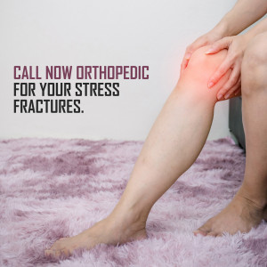 Woman holding her knee in pain with a red glow highlighting the area, advertising orthopedic care for stress fractures.