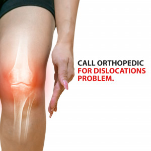 Image of a woman's knee with a highlighted area of pain, promoting orthopedic services for dislocations.