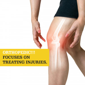 Image of a woman's knee with an X-ray overlay, highlighting an injury and orthopedic focus.