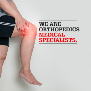 Person holding their knee in pain with text 'We Are Orthopedics Medical Specialists'