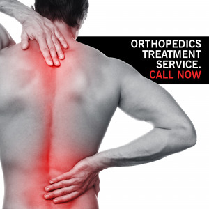 Man holding his back in pain with a red highlight on the affected area, advertising orthopedic treatment.