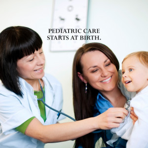A doctor examining a baby with the mother present in a clinic setting.