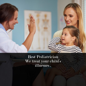 Doctor giving a high five to a young girl with her mother present.