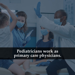 Pediatricians examining children while wearing masks and gloves.