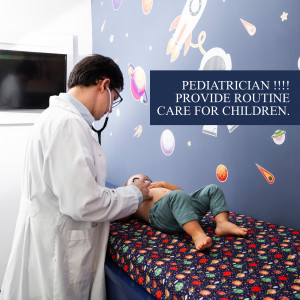 A pediatrician examining a young child in a colorful office.