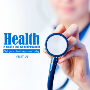Doctor holding a stethoscope with the text 'Health is wealth'