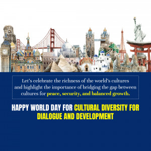 World landmarks representing cultural diversity with text celebrating World Day for Cultural Diversity