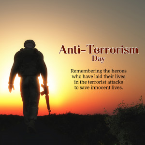 Silhouette of a soldier against a sunset with Anti-Terrorism Day text