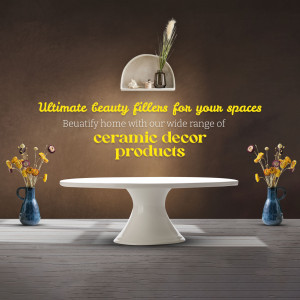 White table with ceramic vases and decor against a brown wall