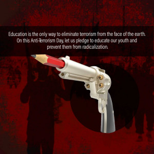 A pencil shaped like a gun, symbolizing education as a weapon against terrorism.