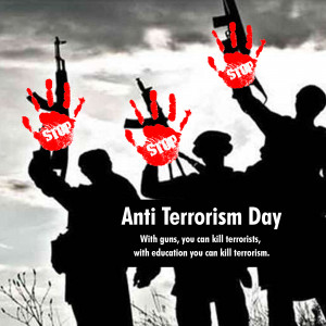 Image depicting a call to stop terrorism with handprints and silhouettes of armed figures.