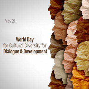 Collage of diverse faces made of crumpled paper with text 'World Day for Cultural Diversity for Dialogue & Development'