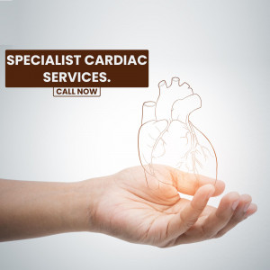 A hand cradling a glowing outline of a human heart, representing cardiac care.