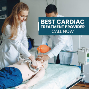 Doctor and nurse performing CPR on a mannequin with text overlay 'Best Cardiac Treatment Provider Call Now'