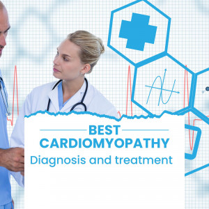 Doctor discussing cardiomyopathy diagnosis and treatment with medical graphics in the background.