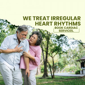 Elderly couple experiencing heart discomfort in a park, promoting cardiac services.