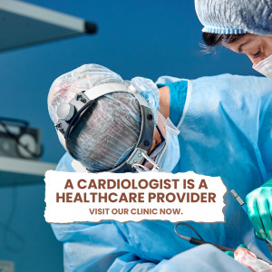 A cardiologist wearing surgical gear working on a patient in a hospital setting with text overlay promoting healthcare services.