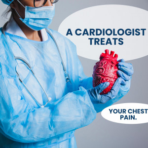 A cardiologist in scrubs holding a realistic heart model with text about chest pain.