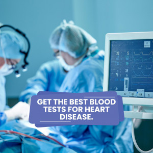 Surgeons performing a heart surgery with medical equipment and a text overlay promoting blood tests for heart disease.