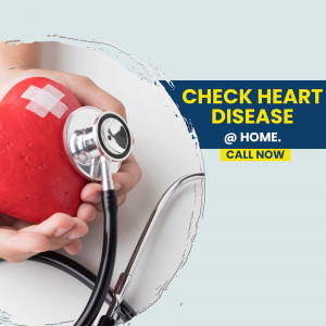 A hand holding a red heart with a bandage and stethoscope, promoting heart disease checks at home.