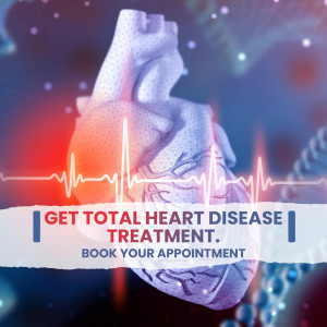 Anatomical heart illustration with an ECG line and text promoting heart disease treatment.