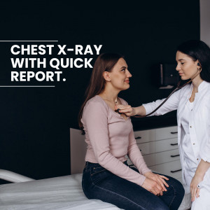 A doctor is examining a female patient with a stethoscope, with a chest x-ray visible in the background.