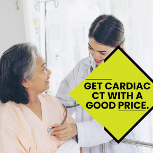 Doctor examining an elderly patient with a promotional graphic for cardiac CT scans.