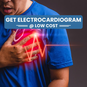 Man clutching chest with ECG waveform overlay, advertising low cost electrocardiograms.
