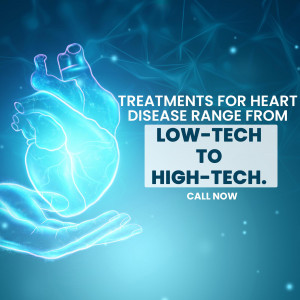 Illustration of a human heart with text about heart disease treatments.