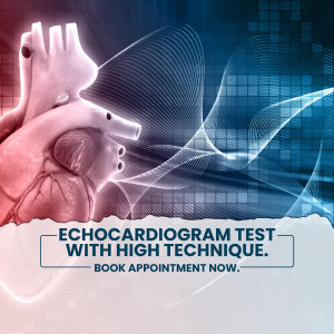 Image of a human heart with an echocardiogram display, promoting heart health testing.
