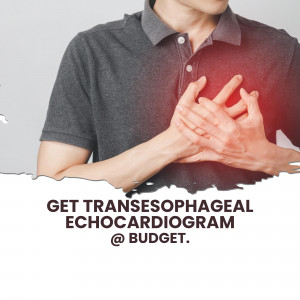 Man clutching his chest with text promoting Tranesophageal Echocardiogram