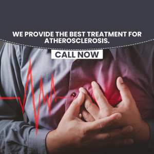 Man clutching his chest in pain with a red heartbeat graphic, advertising atherosclerosis treatment.