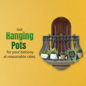 Advertisement for hanging pots on a balcony with a decorative door backdrop.
