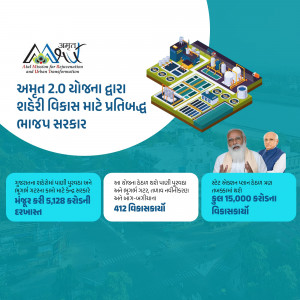 Image depicting the Amrut 2.0 Yojana for urban development with infrastructure and government officials.