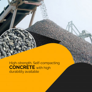 Pile of gray concrete aggregate with inset image of smaller aggregate and text promoting high-strength concrete.