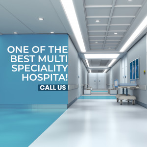 A brightly lit hospital corridor with a promotional sign.