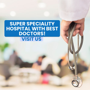 A doctor holding a stethoscope with a hospital waiting room in the background and text promoting a super speciality hospital.