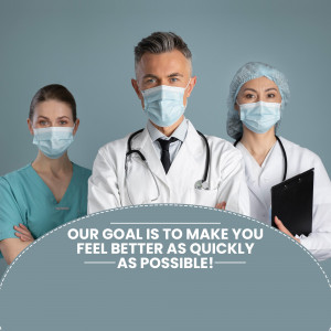 Three healthcare workers wearing masks and scrubs, promoting patient care.