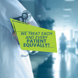 Doctor with stethoscope and a message about equal patient care