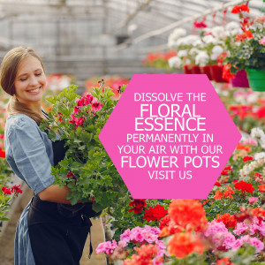 Woman in a greenhouse holding flower pots with promotional text overlay.