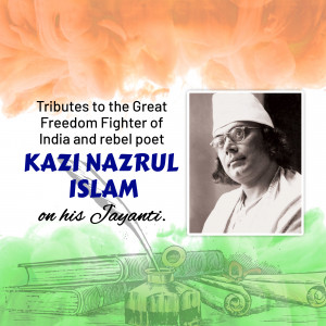 Portrait of Kazi Nazrul Islam with a patriotic background