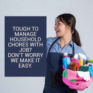 Woman with cleaning supplies, promoting a cleaning service for busy professionals.