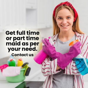 Smiling woman in cleaning attire holding cleaning supplies, advertising maid services.