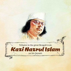 Portrait of Kazi Nazrul Islam with a tribute banner