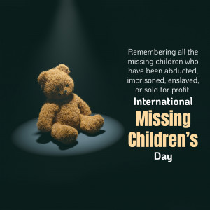 Teddy bear in a spotlight with text about missing and abducted children.