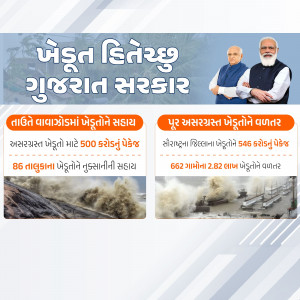 Image depicting Gujarat government's aid for flood-affected areas with Prime Minister Narendra Modi.