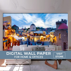 Digital wall art depicting the picturesque Old Town of Rhodes, Greece, displayed in a modern living room setting.