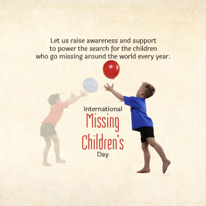 Two children reaching for balloons with text 'International Missing Children's Day'